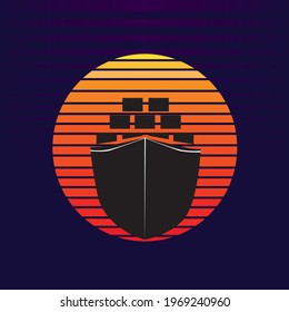 Vector of cargo ship container on sea and sunset in background. Freight transportation company silhouette logo illustration design