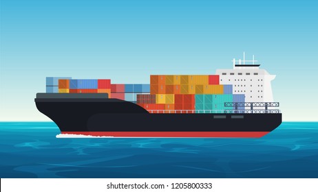 Vector Cargo ship with containers in the ocean. Delivery, transportation, shipping freight transportation.