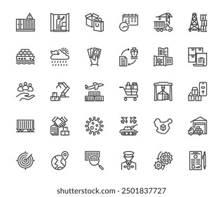 Vector cargo shipping product container icon set with related thing, logistic and transportation delivery service concept, editable stroke 48x48 pixel perfect icon, on transparent background