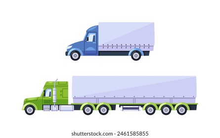 Vector Cargo Trucks, One Blue Mid-sized And One Green Large Truck With A Trailer, For Content Related To Logistics