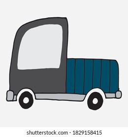 Vector cargo vehicle. Dark gray car with a blue body. Children's print on textiles, t-shirts, coloring. A vivid picture for printing on postcards and studying subjects.