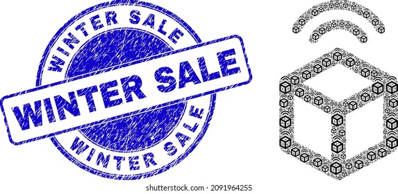 Vector cargo wifi tracking icon composition is made of repeating recursive cargo wifi tracking pictograms. Winter Sale grunge blue round seal. Fractal composition of cargo wifi tracking icon.