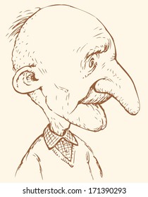 Vector caricature. Comic ink drawing of an old man