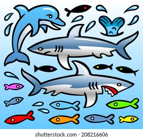 Vector caricature - dolphin, sharks and small fish