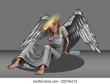 vector caricature of fallen alcoholic drunk angel with beverage bottle in his hand