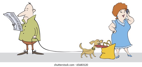 Vector caricature. Funny scene in the street: read a man does not notice how his dog stealing sausages from a woman in conversation