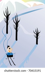 Vector caricature with the image of funny downhill skier. Tracks of his skiis skirt the tree from the both sides
