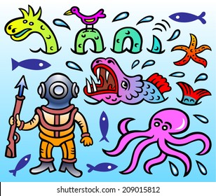 Vector caricature - Loch Ness Monster, starfish, sea monster, scuba diver, octopus and a little clever bird.