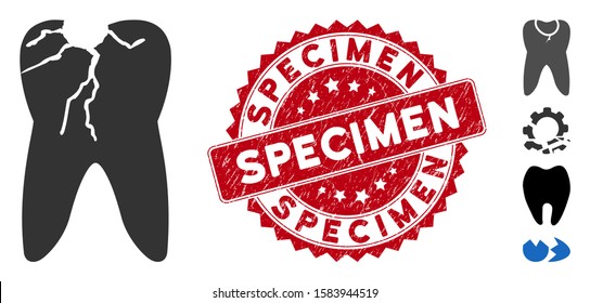 Vector caries icon and grunge round stamp seal with Specimen phrase. Flat caries icon is isolated on a white background. Specimen stamp seal uses red color and grunge design. Bonus icons are added.