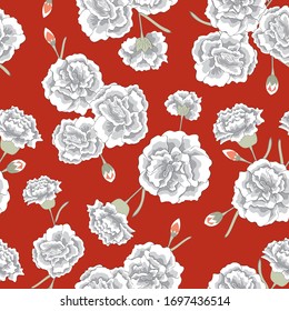 Flores de canal vectorial en verde blanco negro dispersas en fondo rojo sin problemas patrón de repetición. Antecedentes para textiles, tarjetas, manufactura, papel pintado, papel, envoltura de regalo y reserva de chatarra.