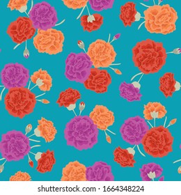 Vector Carnation Flowers in Purple Orange Red Scattered on Turquoise Blue Background Seamless Repeat Pattern. Background for textiles, cards, manufacturing, wallpapers, print, gift wrap and