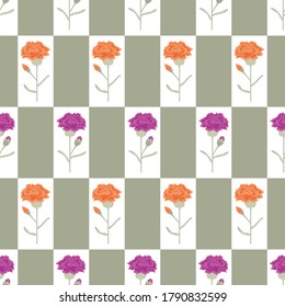 Vector Carnation Flowers in Purple and Orange on Green and White Background Seamless Repeat Pattern. Background for textiles, cards, manufacturing, wallpapers, print, gift wrap and scrapbooking.
