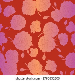 Vector Carnation Flowers Silhouettes in Pink and Orange Scattered on Red Background Seamless Repeat Pattern. Background for textiles, cards, manufacturing, wallpapers, print, gift wrap and