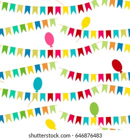 Vector carnaval seamless colorful pattern. Kids festive background with bright ribbons and air balloons. Birthday, Party decor