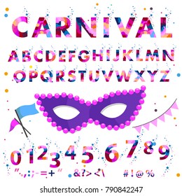 Vector carnival alphabet colorful sticker alphabet with number and plus, minus, division, multiplication, quotation marks, equals. Set of characters uppercase, colorl letters for card, banners