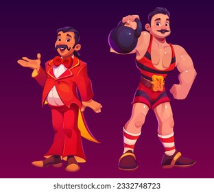 Vector carnival circus cartoon performer and strongman character set. Strongman with weight and muscle. Funny person with vintage mustache and red cirque costume. Happy amusement muscular guy icon