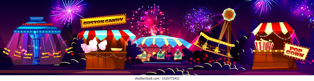 Vector carnival concept - cotton candy, popcorn shop, carousels isolated on fireworks background. Circus entertainment, travelling festival with illumination. Marquee with tents, amusement