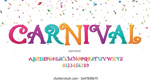 Vector carnival font and alphabet. Colorful lettering design for banner, poster, invitation.