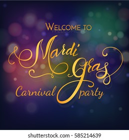 Vector Carnival invitation card with shiny texture and lettering Mardi Gras.