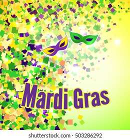 Vector Carnival Mardi Gras confetti background in purple, green and yellow. Carnival Party wallpaper with text and masks
