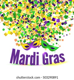 Vector Carnival Mardi Gras confetti background in purple, green and yellow. Carnival Party wallpaper with text and masks