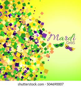 Vector Carnival Mardi Gras confetti background in purple, green and yellow. Carnival Party wallpaper with text and masks