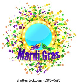 Vector Carnival Mardi Gras confetti background in purple, green and yellow. Makeup Mirror for app, interface, playing card, ui, game, banner. Party wallpaper with text.