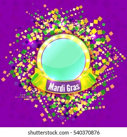 Vector Carnival Mardi Gras confetti background in purple, green and yellow. Makeup Mirror for app, interface, playing card, ui, game, banner. Party wallpaper with text.