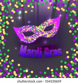 Vector Carnival Mardi Gras confetti background with mask in purple, green and yellow. Party wallpaper with text