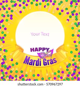 Vector Carnival Mardi Gras confetti background with mask in purple, green and yellow. Party wallpaper with text