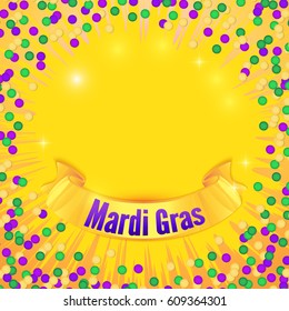 Vector Carnival Mardi Gras confetti background in purple, green and yellow. Party wallpaper with text