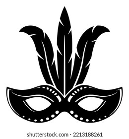 Vector carnival mask black silhouette icon isolated on white background. Mask with feathers.