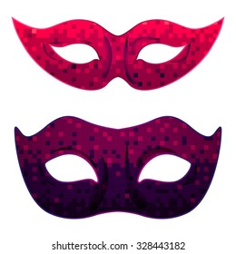 Vector carnival mask set for man and woman with abstract ombre pixel art background. Print and cut for party event