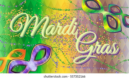 Vector carnival masks and beads on a gradient background with rhombus. Carnival Mardi Gras