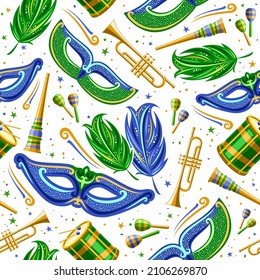 Vector Carnival Seamless Pattern, square repeating background with green decorative feathers, blue venice mask, musical instruments, isolated illustrations of carnival symbols for white wrapping paper