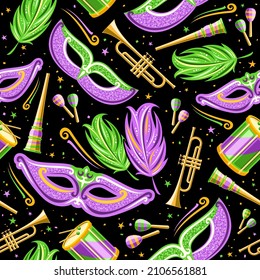 Vector Carnival Seamless Pattern, square repeating background with green decorative feathers, purple venice mask, musical instrument, isolated illustrations of carnival symbols for dark wrapping paper