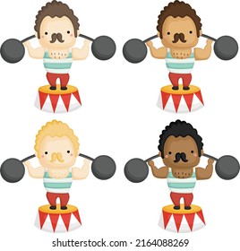 a vector of carnival strongman in different skin tones