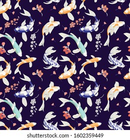 Vector Carp Fish Seamless Asian Botanical Wallpaper Traditional Abstract Pattern