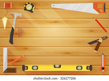 Vector Carpenter or construction background with tools like hammer, saw, angle, level and measuring tape, wooden plank with space for text in center