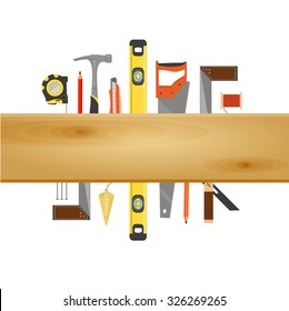 Vector Carpenter or construction Banner with tools like hammer, saw, angle, level and measuring tape, wooden plank with space for text