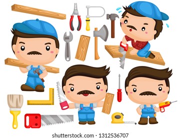 a vector of a carpenter with many poses and tools