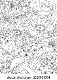 Vector carpet of flowers. Antistress coloring book for adults.   