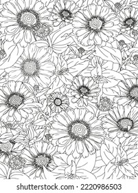 Vector carpet of flowers. Antistress coloring book for adults.   