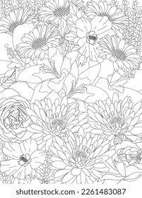 Vektorteppich aus Blumen. Antistress Farbbuch für Erwachsene.   