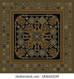 Moqueta vectorial impronta dorada en un fondo negro. Patrón de mosaicos de cerámica dorada de estilo español y rollos barrocos