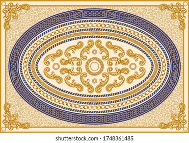 Vector carpet print on a beige leopard skin background.Fashionable pattern from gold chains, Baroque fantasy scrolls, acanthus leaves.Scarf, shawl, neckerchief, kerchief, rug, silk tapis textile patch