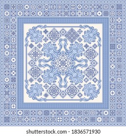 Vector carpet print on a beige background. Patchwork Pattern from Baroque scrolls and Dutch style blue and white ceramic tiles. 