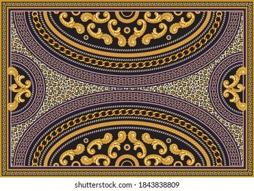 Vector carpet print on a beige leopard skin background.Fashionable pattern from gold chains, Baroque fantasy scrolls. Scarf, shawl, rug, silk tapis textile patch. 6 pattern brush in the palette 