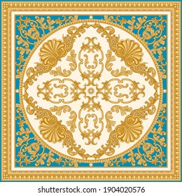 Vector carpet print on a beige and turquoise background. Fashionable pattern from gold carved frames, Baroque scrolls, Rococo shells. Scarf, shawl, neckerchief, rug. 3 pattern brushes in the  palette