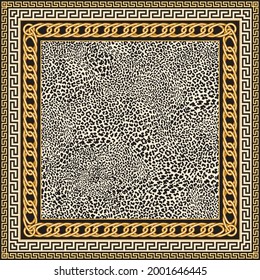 Vector carpet print on a beige leopard skin pattern background. Fashionable gold classical Greek meander borders, Baroque fantasy double chain frame. Scarf, shawl, rug